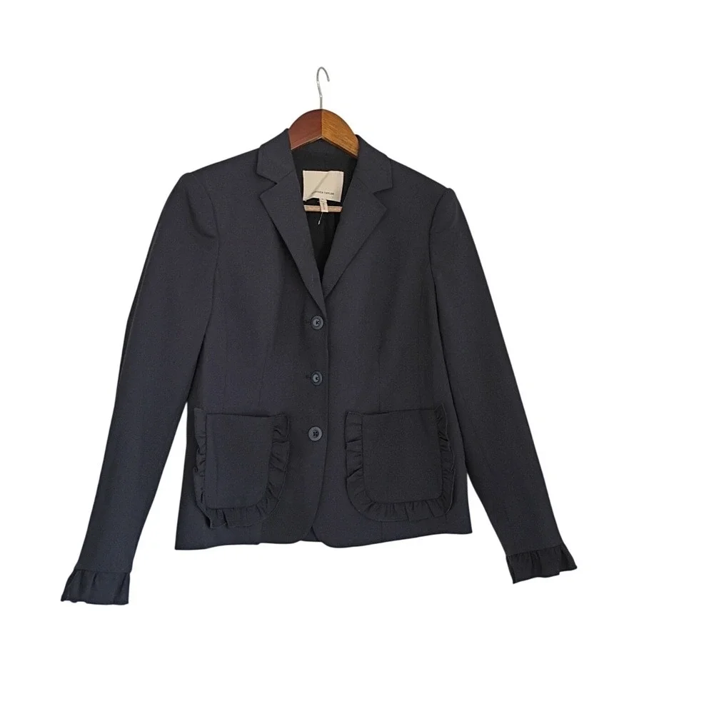 Rebecca Taylor Navy Wool Blend Ruffle Trim Tailored Blazer Jacket Sz‎ 4 S $450